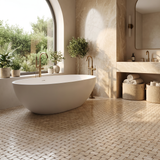 Bursa Beige basket weave with light emperador dots bathroom floor