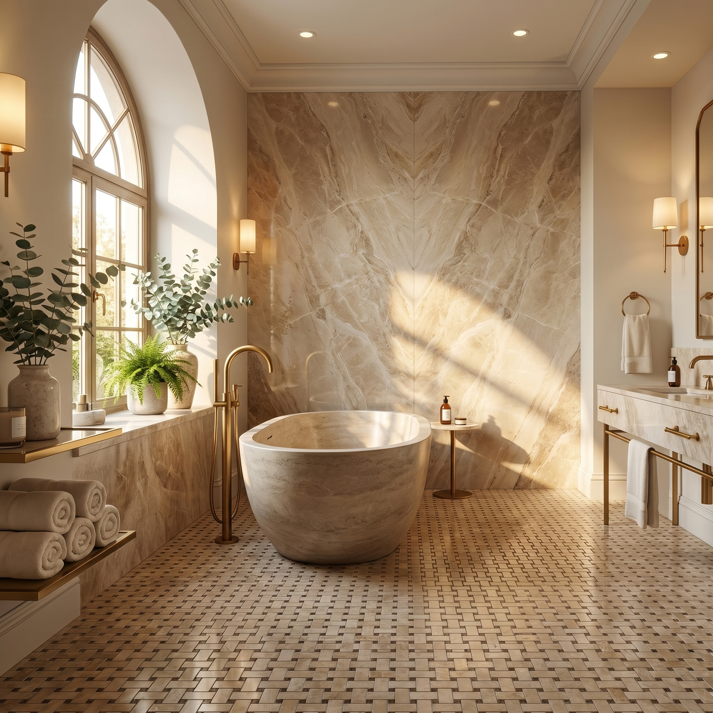 Cappuccino basket weave with dark emperador dots bathroom floor