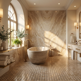 Cappuccino basket weave with dark emperador dots bathroom floor