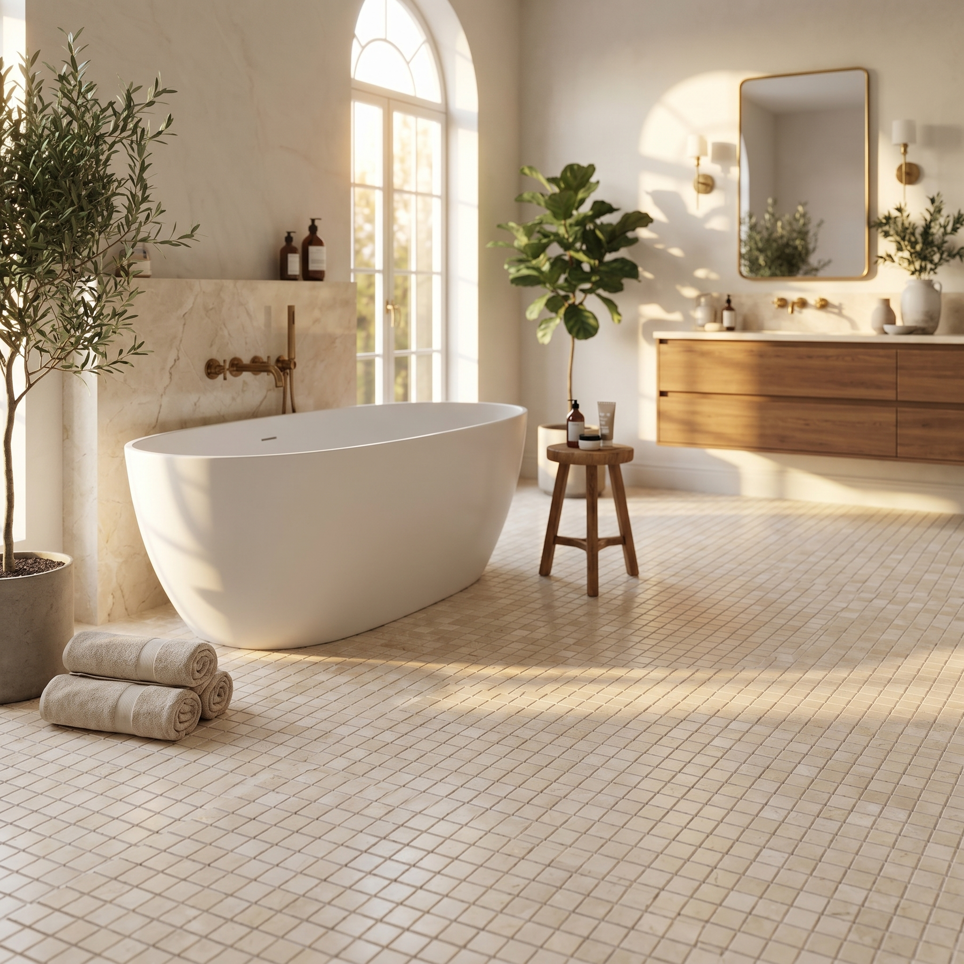 Crema Marfil honed 1x1 marble mosaic bathroom floor