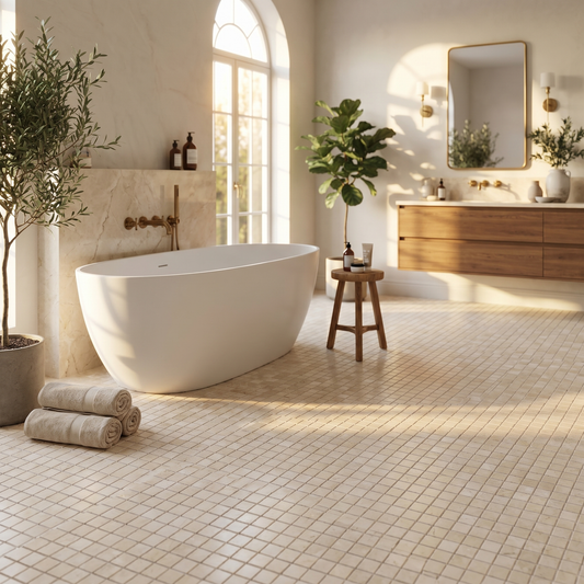 Crema Marfil honed 1x1 marble mosaic bathroom floor