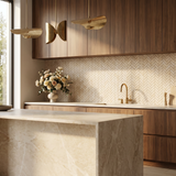 Crema Marfil honed herringbone marble mosaic kitchen backsplash