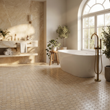 Crema Marfil honed hexagon marble mosaic bathroom floor