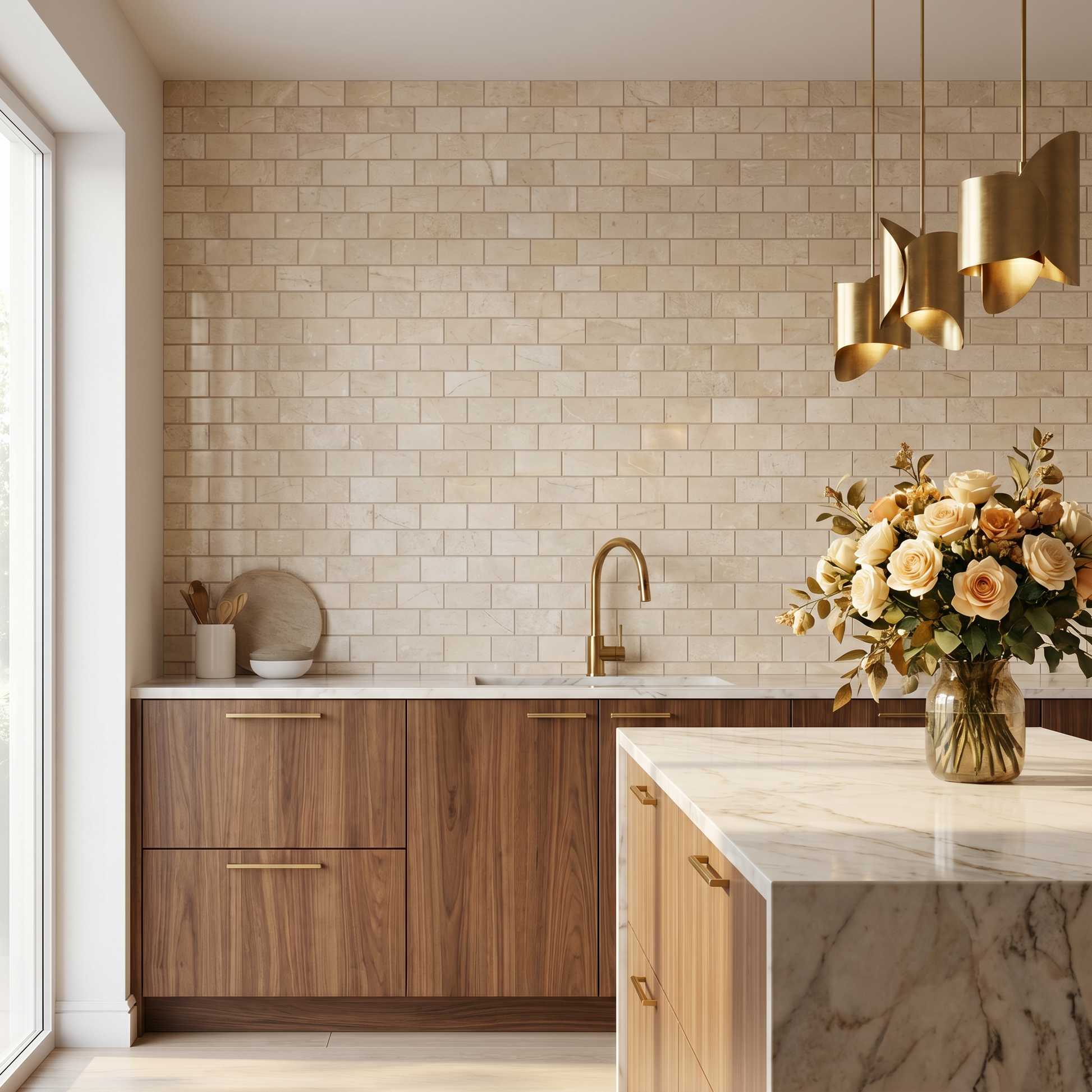 Crema Marfil polished 2x4 marble mosaic kitchen backsplash
