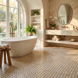 Crema Marfil Basketweave Dark Emperador marble mosaic — designer bathroom floor