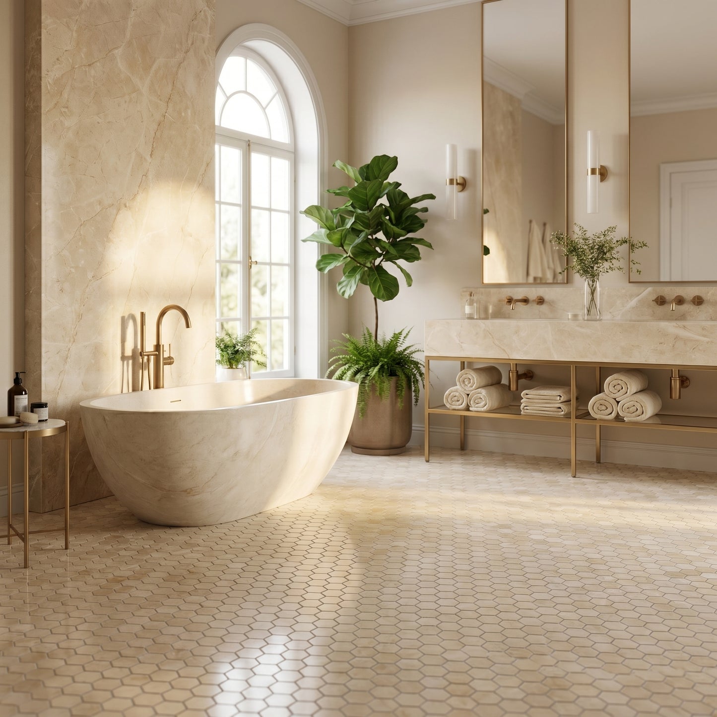 Crema Marfil Hexagon 1 inch marble mosaic — designer bathroom floor