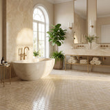 Crema Marfil Hexagon 1 inch marble mosaic — designer bathroom floor
