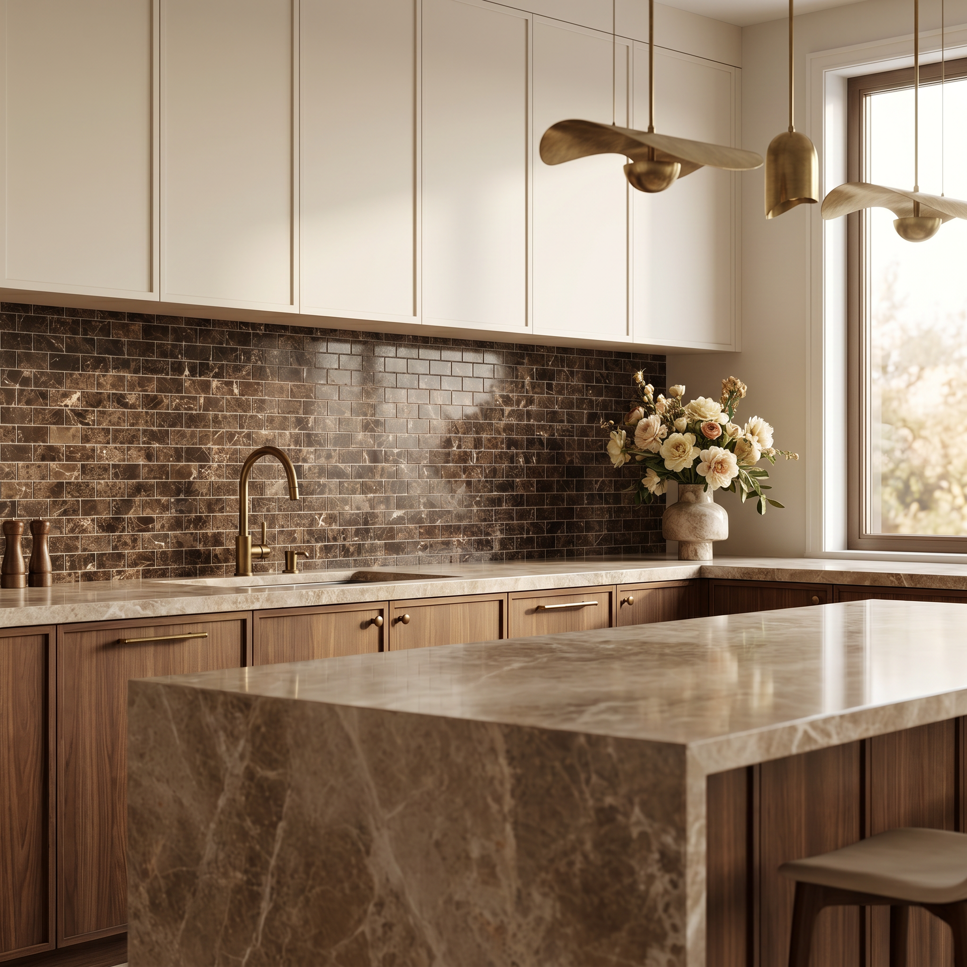 Dark Emperador 2x4 marble mosaic — designer kitchen backsplash