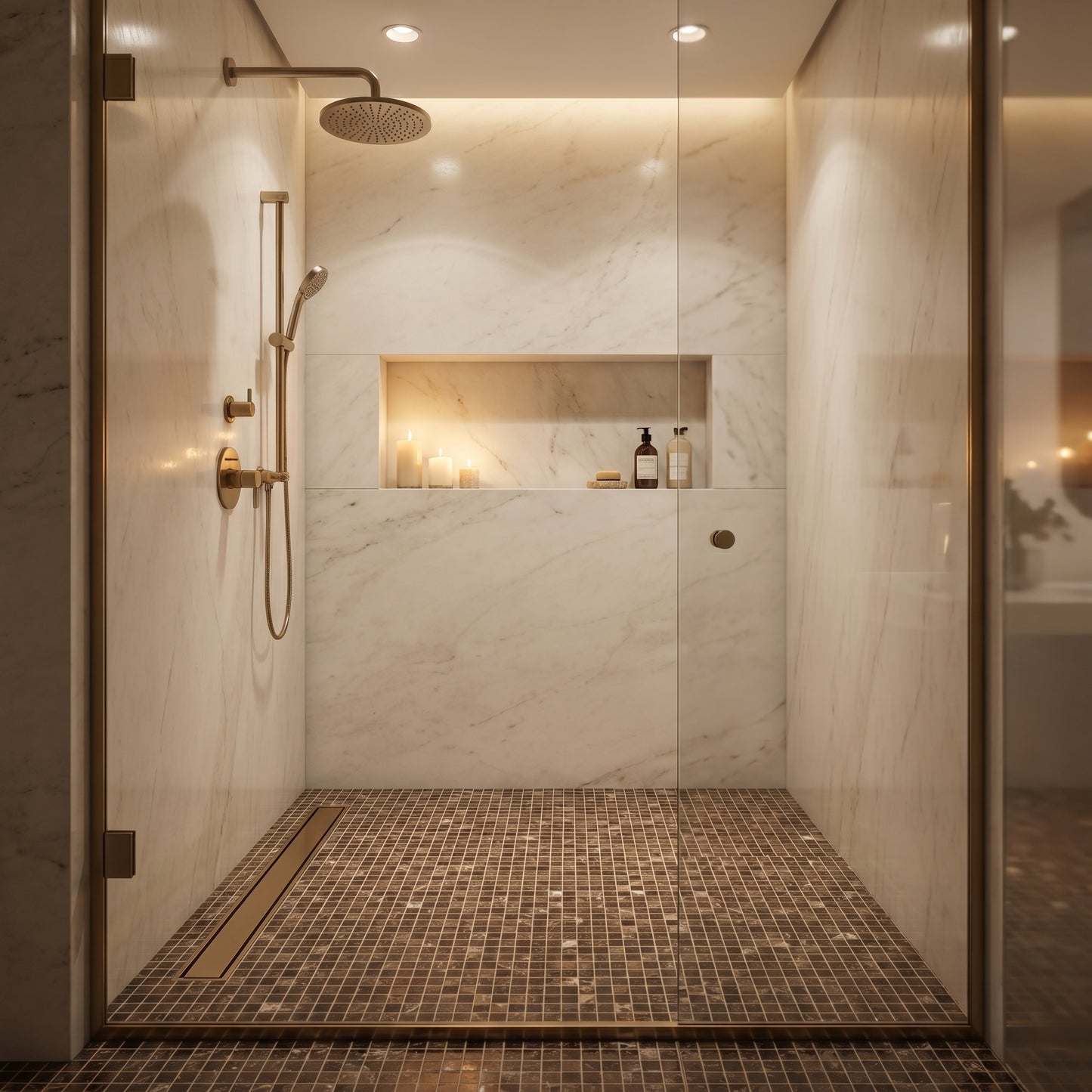 Dark Emperador 5/8 marble mosaic — designer shower floor