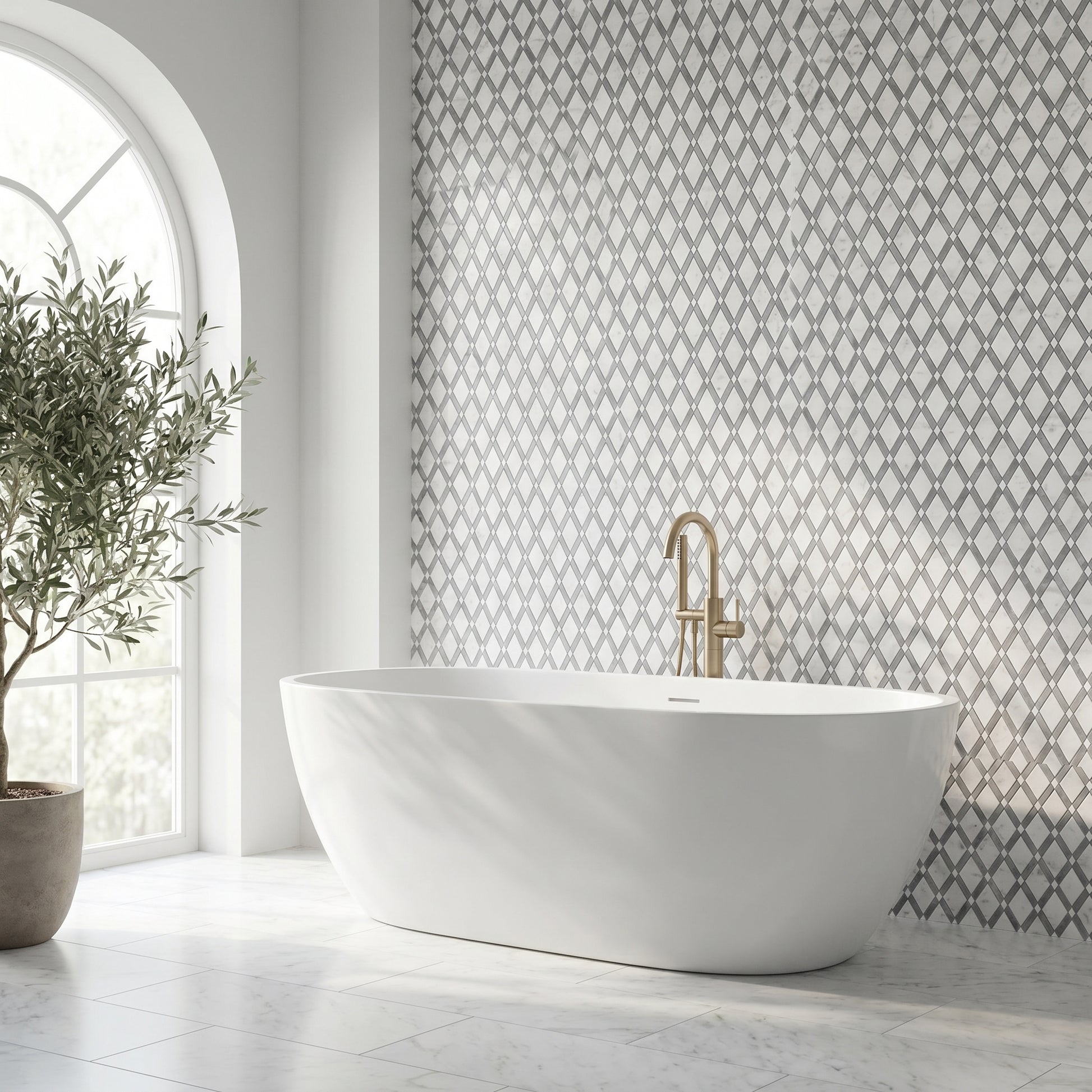 Diamond Mosaic Polished Carrara & Bardiglio marble - bathroom feature wall