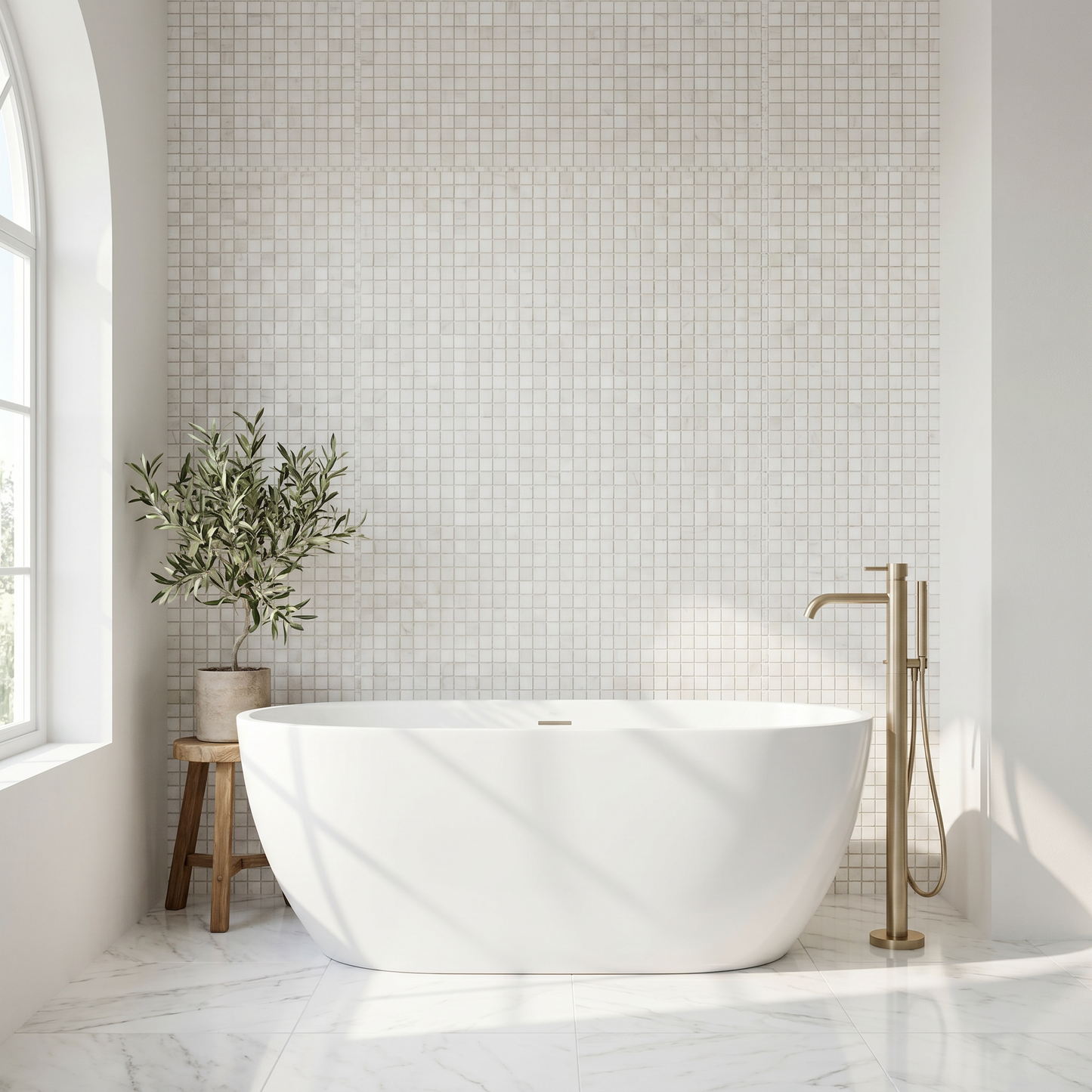 Dolomite polished 2x2 marble mosaic - bathroom feature wall