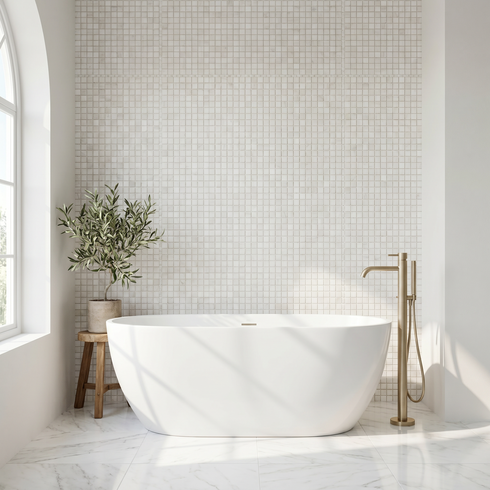 Dolomite polished 2x2 marble mosaic - bathroom feature wall