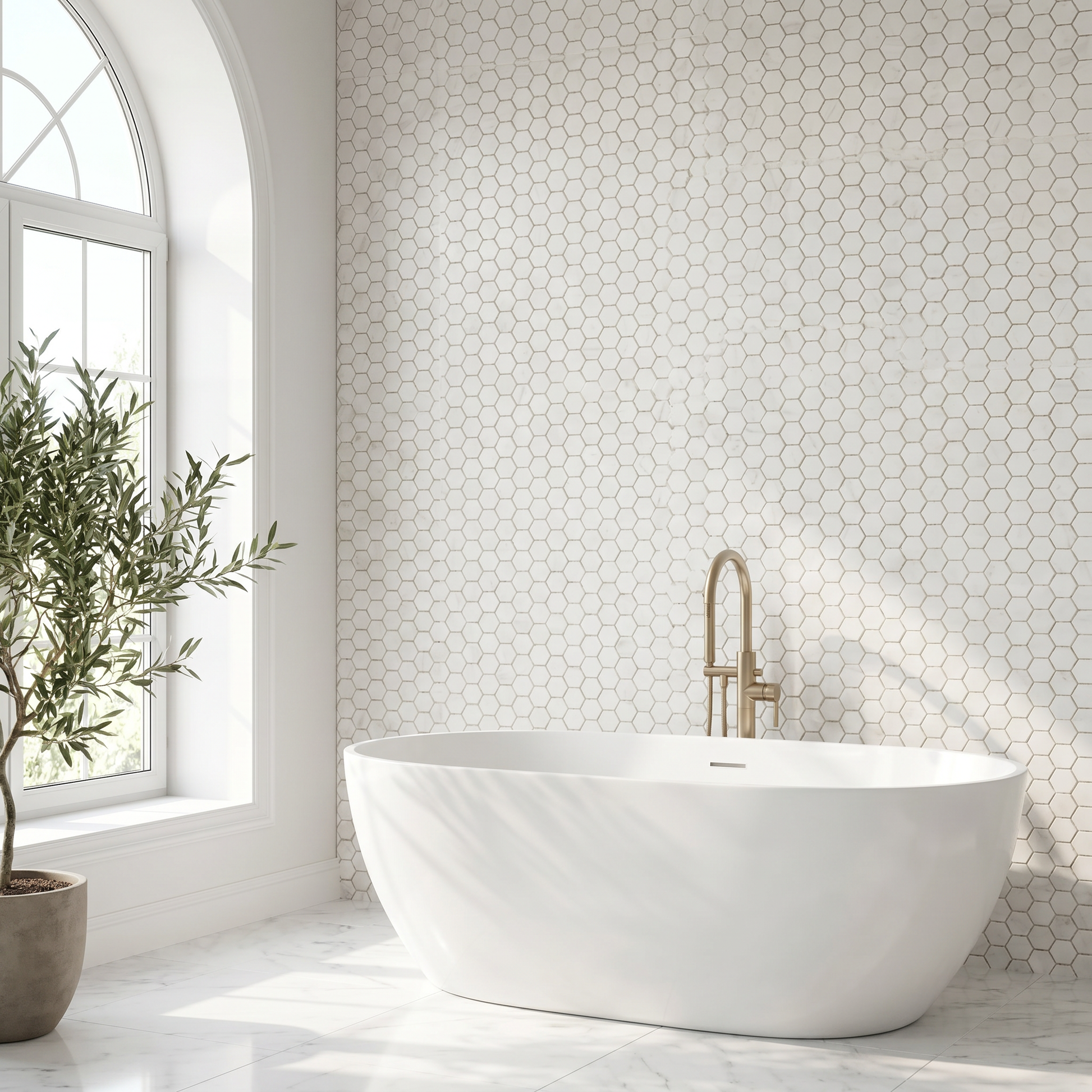 Dolomite polished 2 inch hexagon marble mosaic - bathroom feature wall
