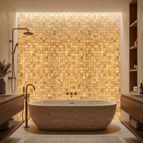 Honey onyx polished 2x2 mosaic - warm backlit bathroom feature wall