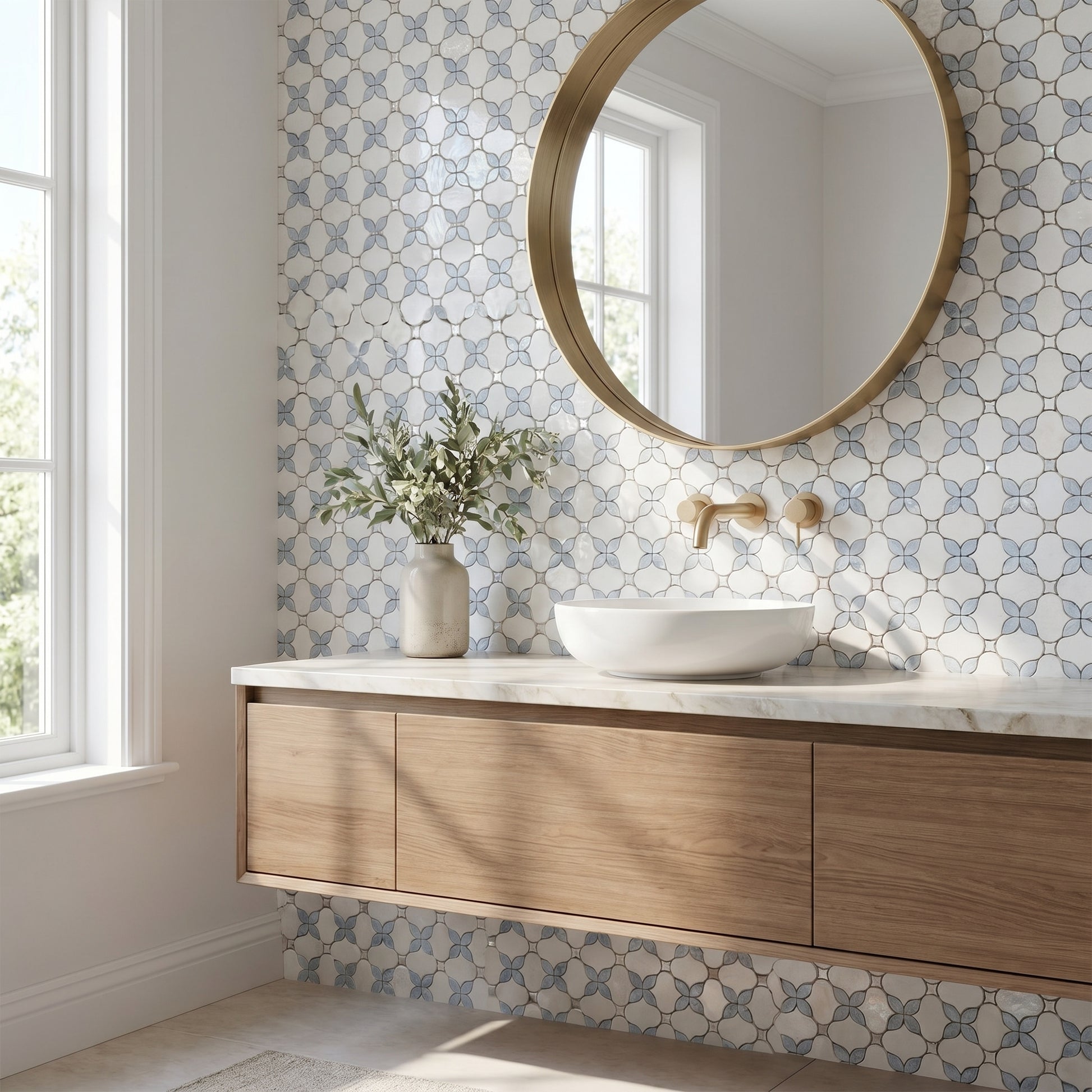 Floral waterjet Thassos and Blue Celeste marble mosaic - bathroom vanity backsplash