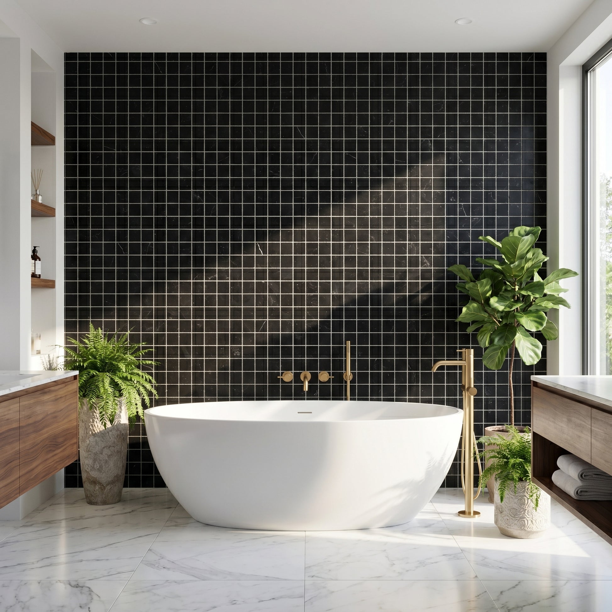 Nero Marquina honed 2x2 marble mosaic - modern bathroom feature wall