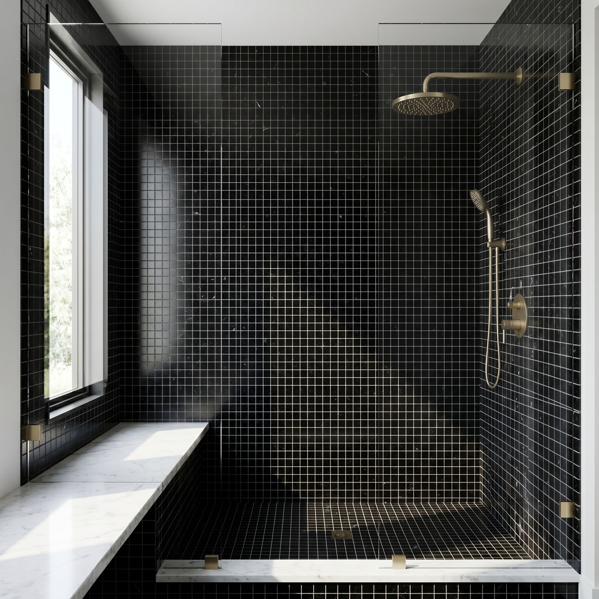 Nero Marquina polished 1x1 marble mosaic - walk-in shower wall