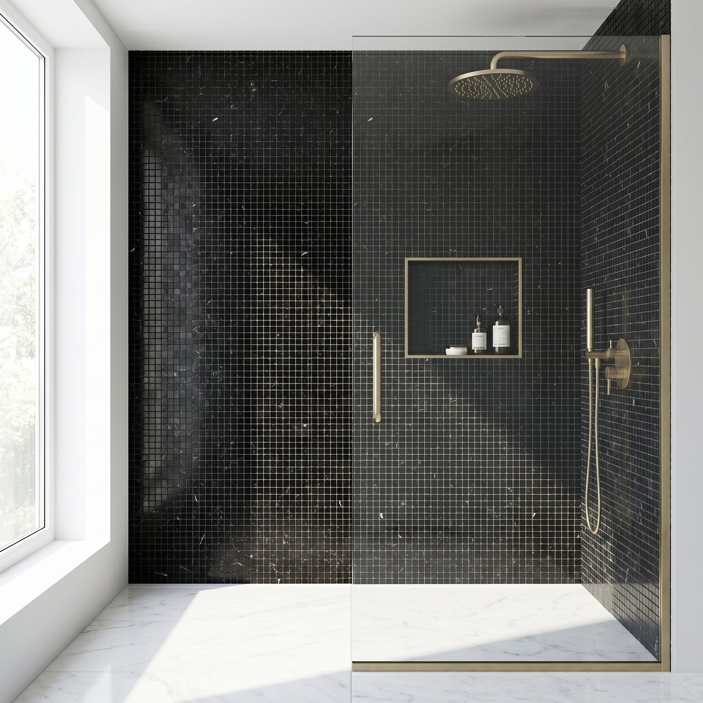 Nero Marquina polished 5/8 mini marble mosaic - walk-in shower wall
