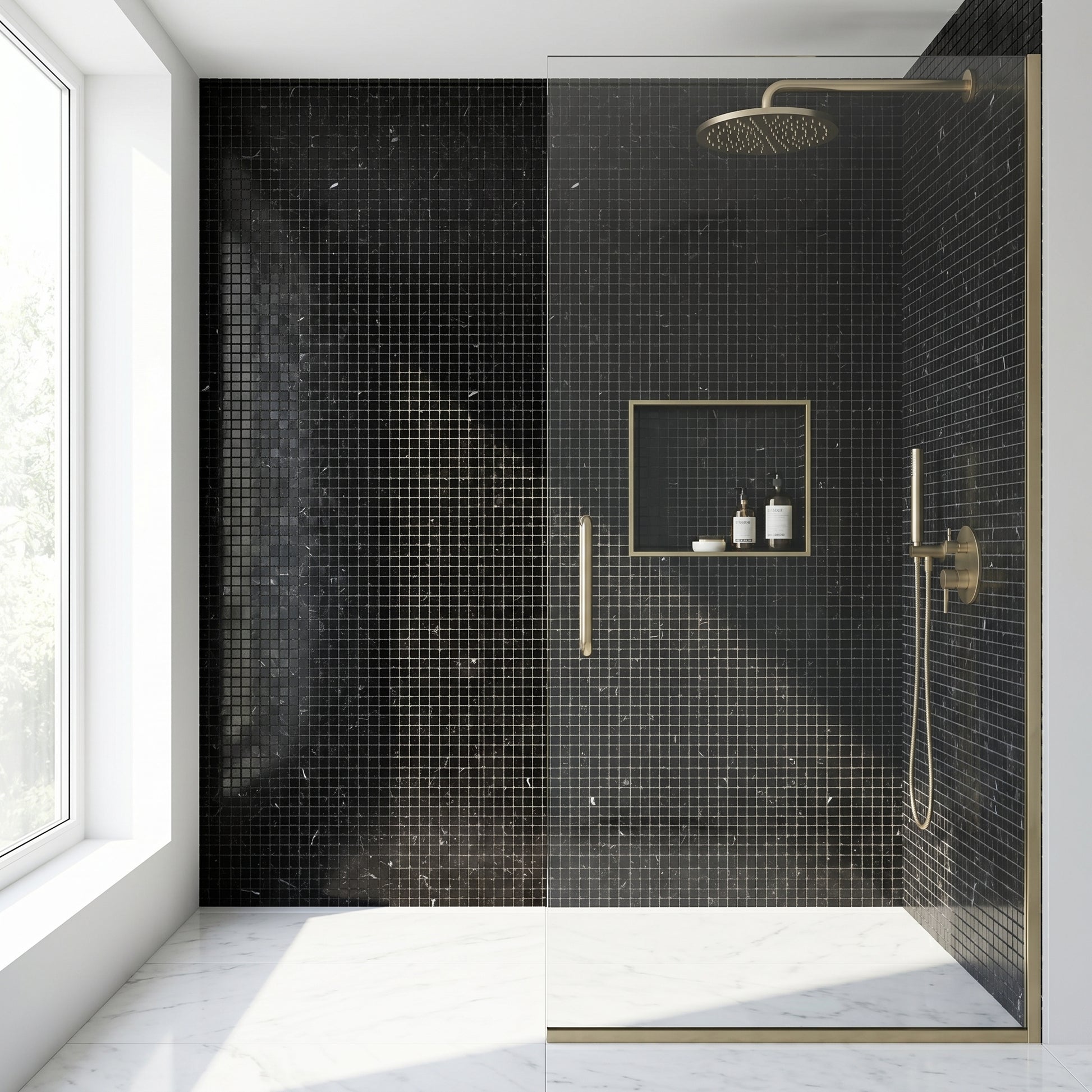 Nero Marquina polished 5/8 mini marble mosaic - walk-in shower wall
