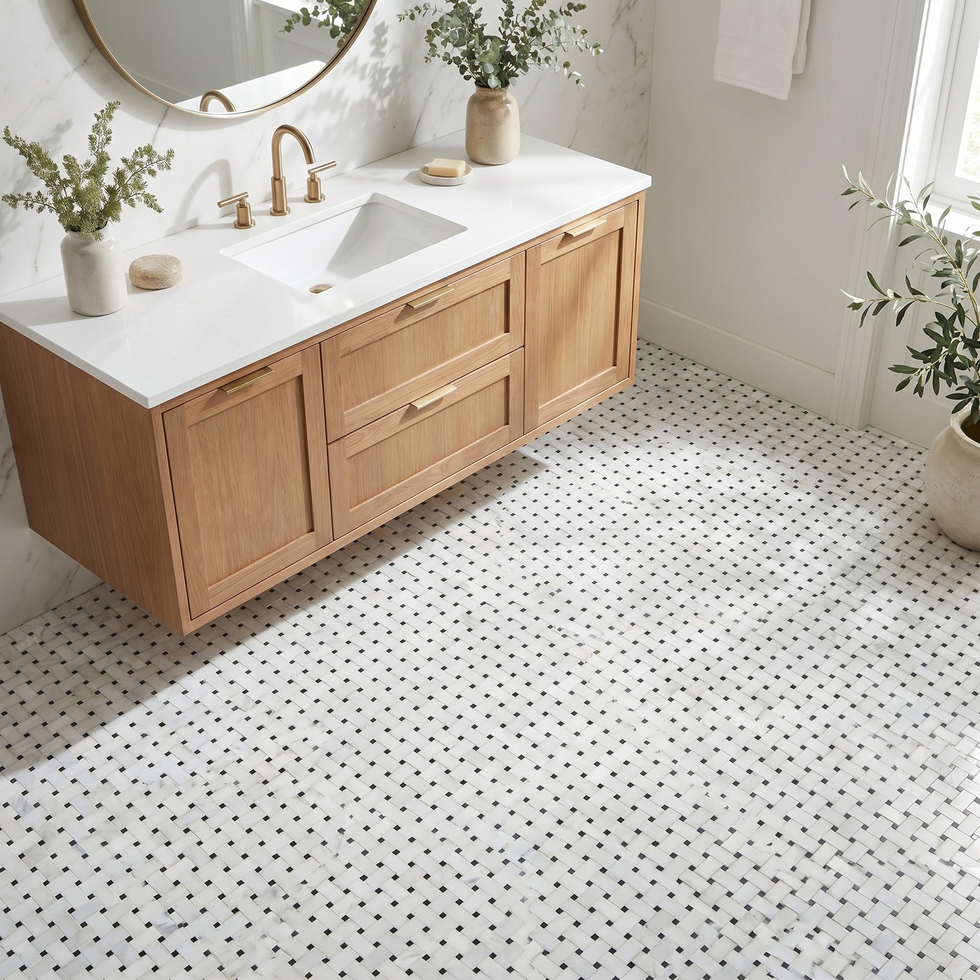 Oriental White basket weave with black dots marble mosaic - bathroom floor
