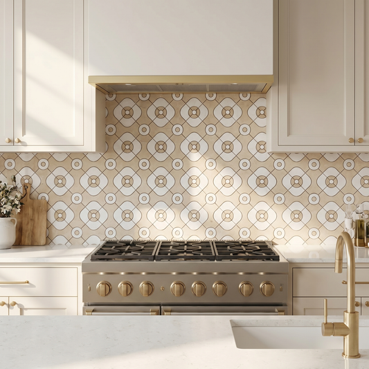 Metro Crema Marfil and Thassos waterjet marble mosaic - kitchen backsplash