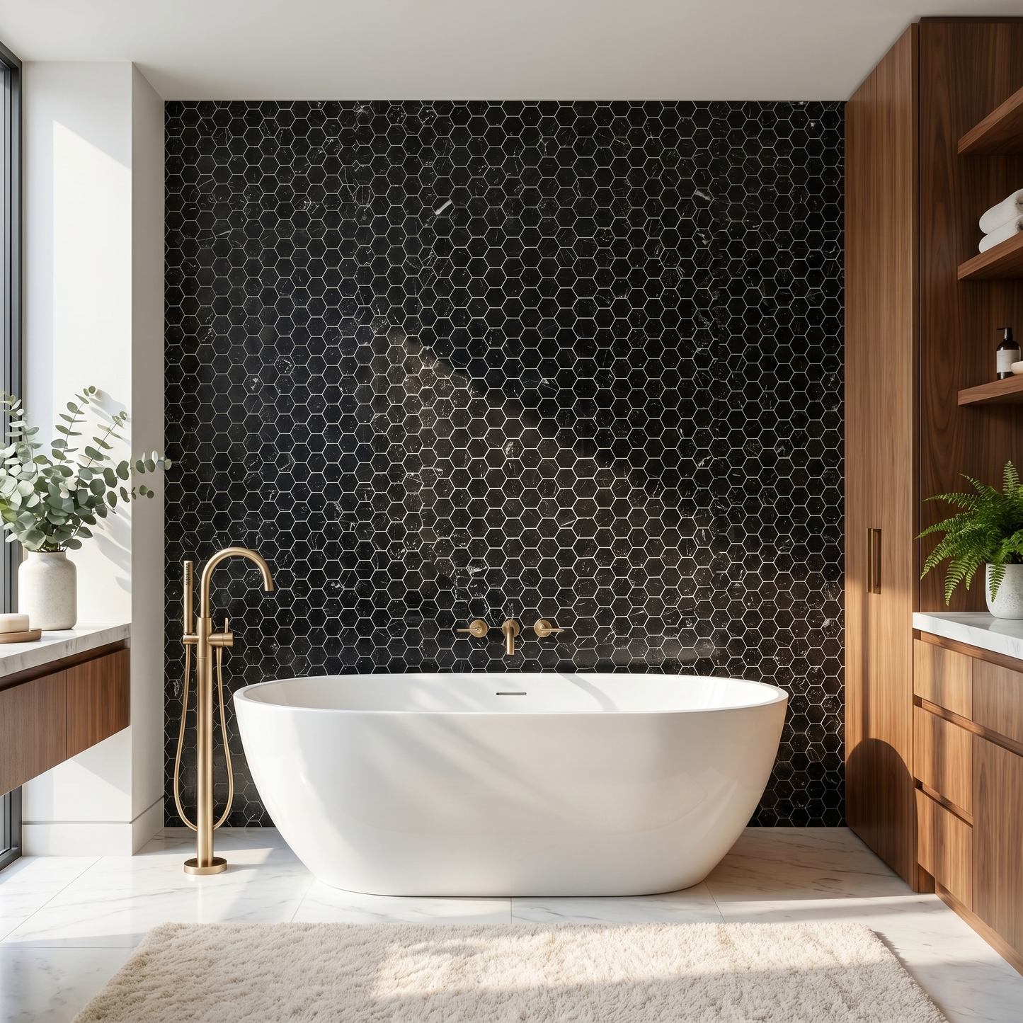 Nero Marquina honed hexagon marble mosaic - modern bathroom feature wall