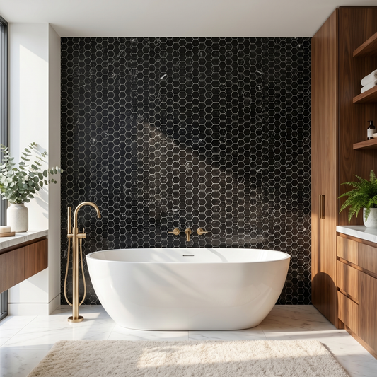 Nero Marquina honed hexagon marble mosaic - modern bathroom feature wall