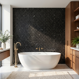 Nero Marquina honed hexagon marble mosaic - modern bathroom feature wall