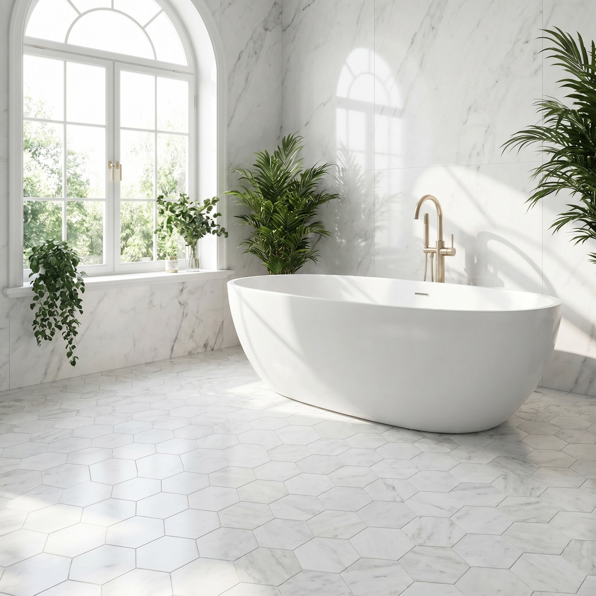 Oriental White honed 5 inch hexagon marble mosaic - bathroom floor