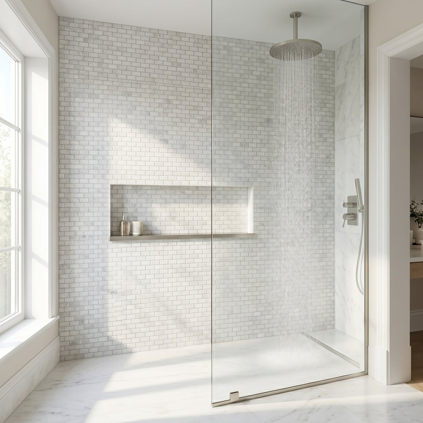 Oriental White polished mini brick marble mosaic - walk-in shower wall