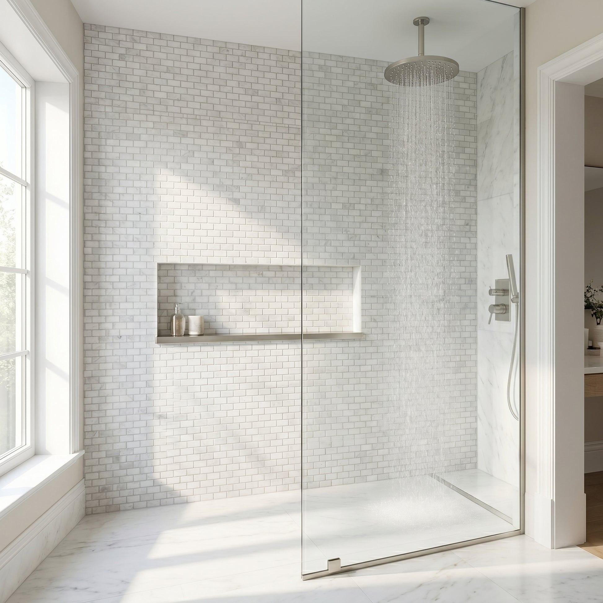 Oriental White polished mini brick marble mosaic - walk-in shower wall