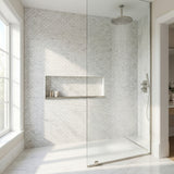 Oriental White polished mini brick marble mosaic - walk-in shower wall