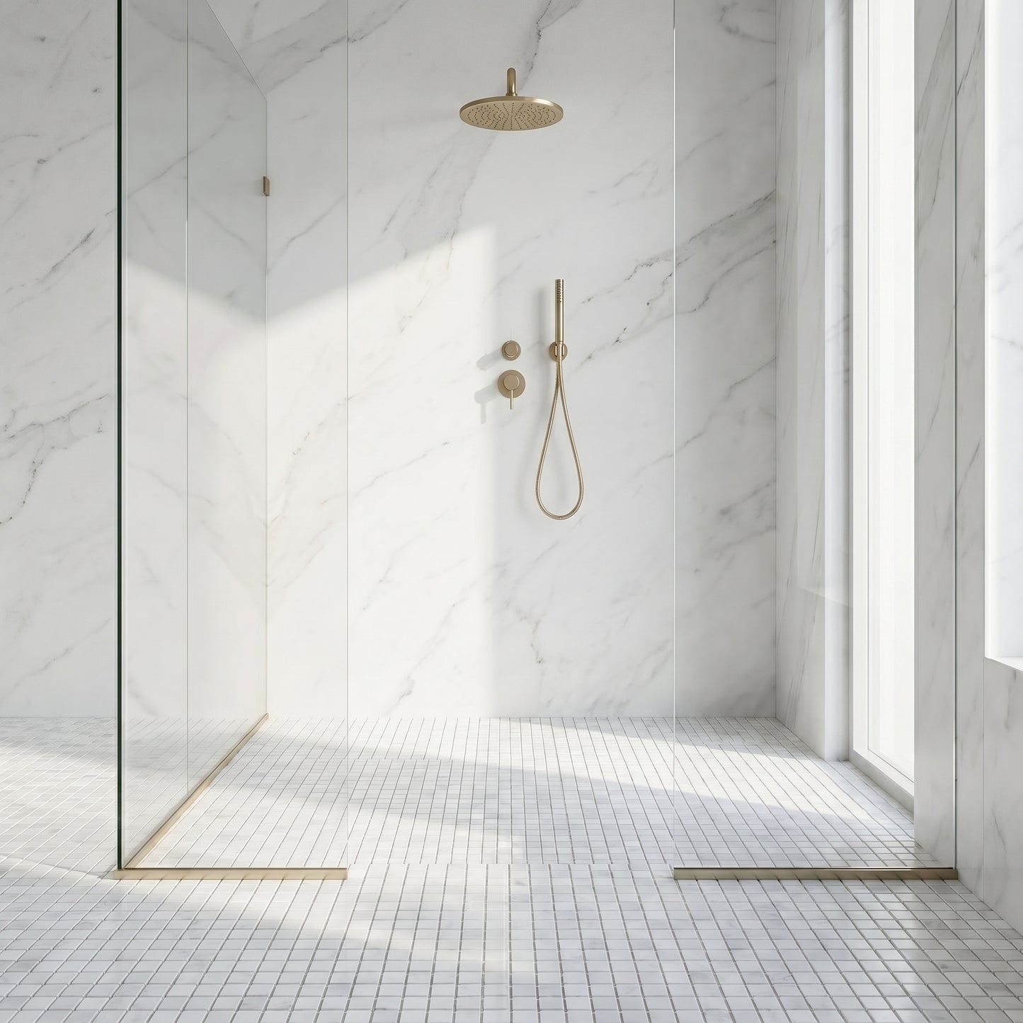 Oriental White polished 5/8 marble mosaic - walk-in shower floor