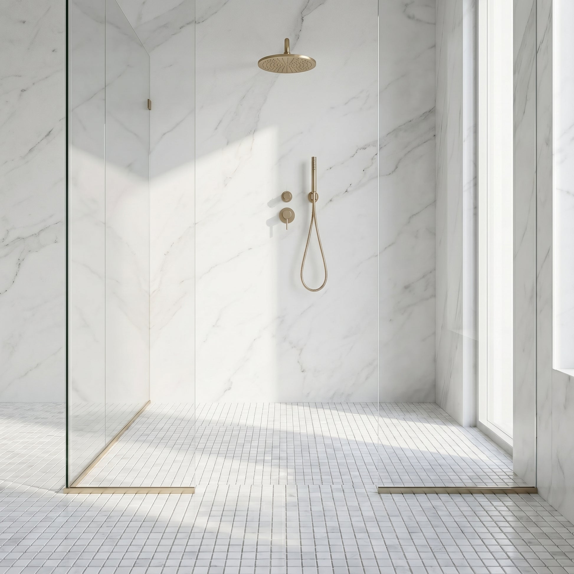 Oriental White polished 5/8 marble mosaic - walk-in shower floor