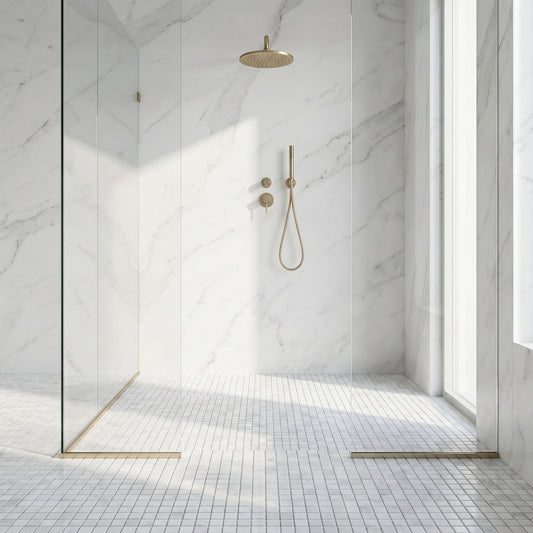Oriental White polished 5/8 marble mosaic - walk-in shower floor