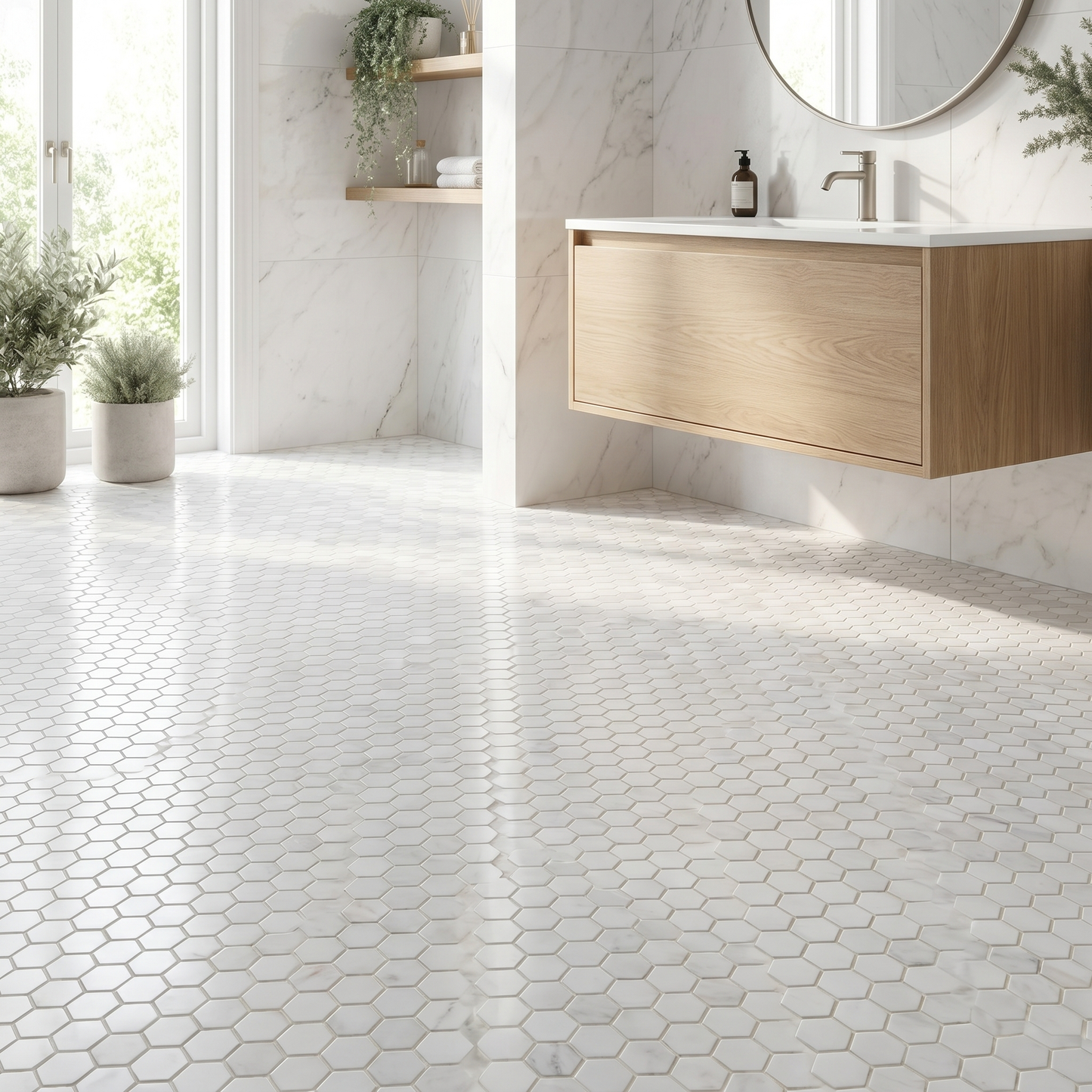 Oriental White polished 1 inch hexagon marble mosaic - bathroom floor