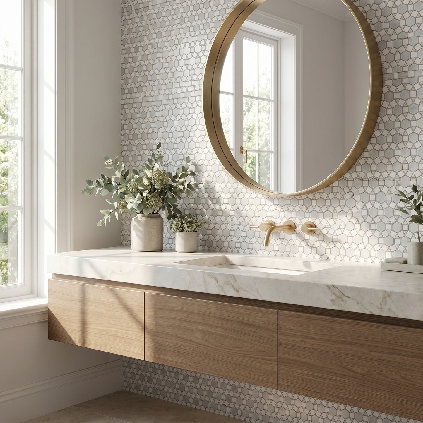 Sunflower waterjet Thassos and Blue Celeste marble mosaic - bathroom vanity backsplash