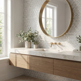 Sunflower waterjet Thassos and Blue Celeste marble mosaic - bathroom vanity backsplash