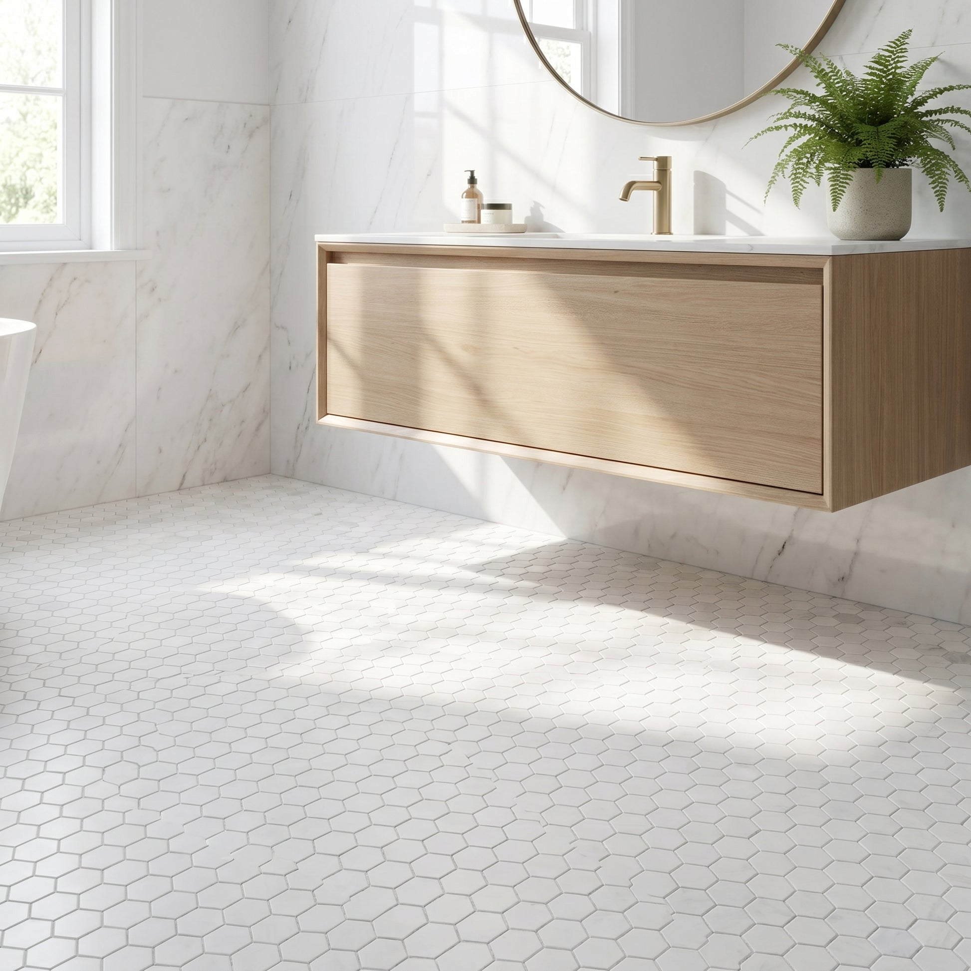 Thassos honed 2 inch hexagon marble mosaic - bathroom floor