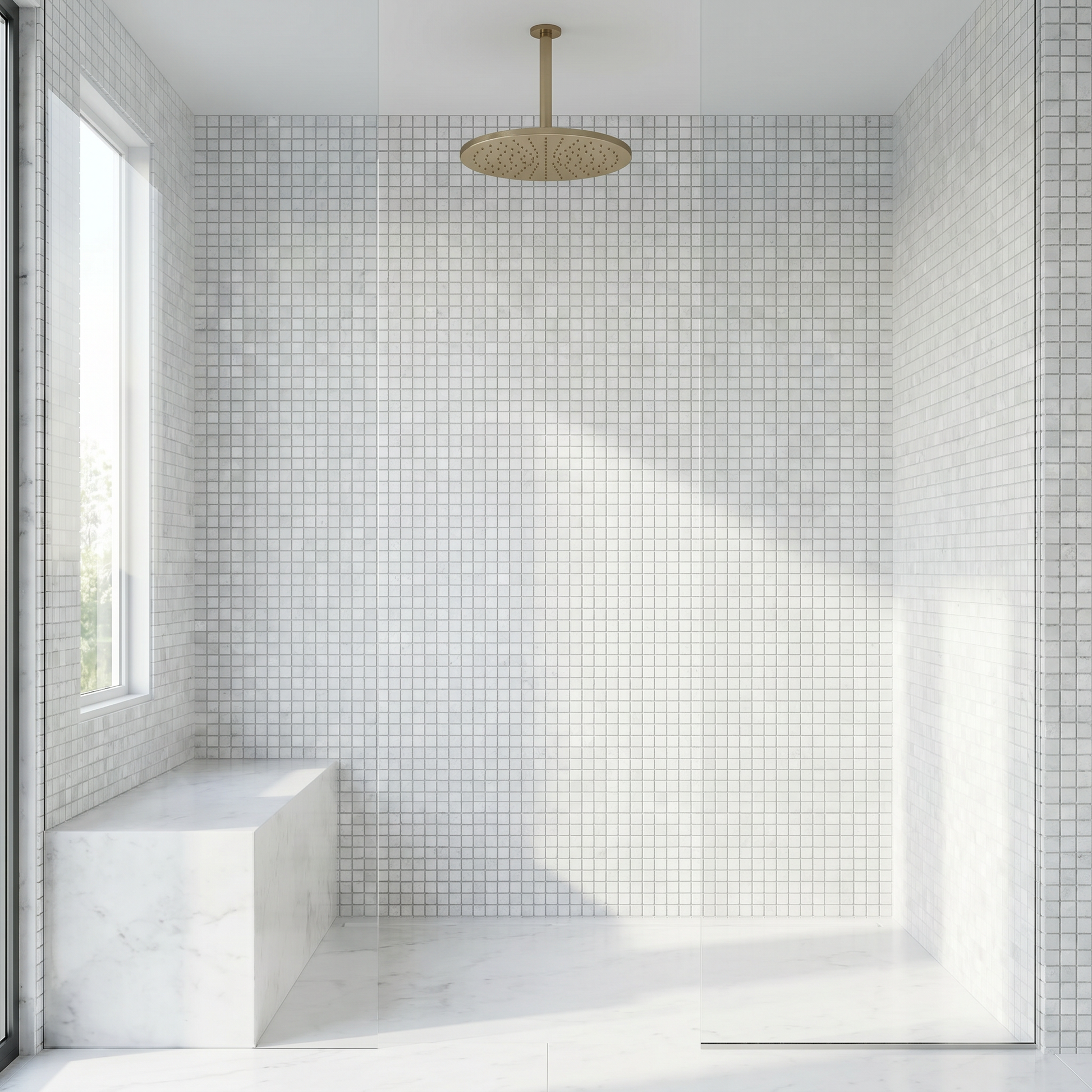 Thassos polished 1x1 marble mosaic - walk-in shower wall