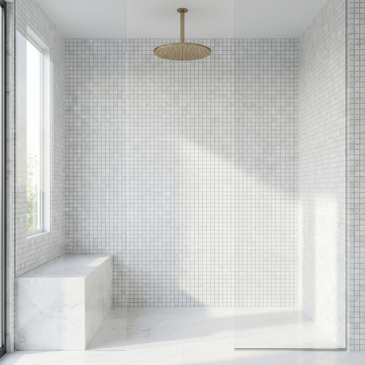 Thassos polished 1x1 marble mosaic - walk-in shower wall