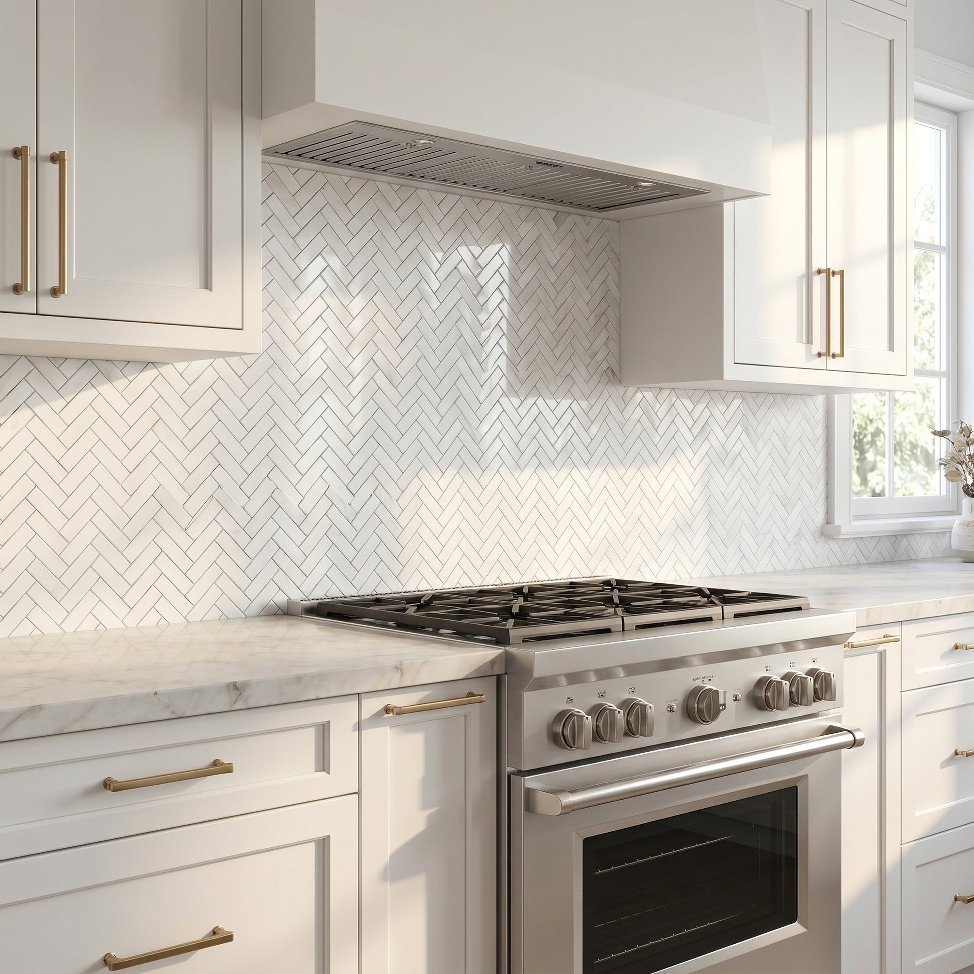 Thassos polished herringbone marble mosaic - kitchen backsplash