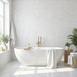 Thassos polished 2x2 marble mosaic - bathroom feature wall