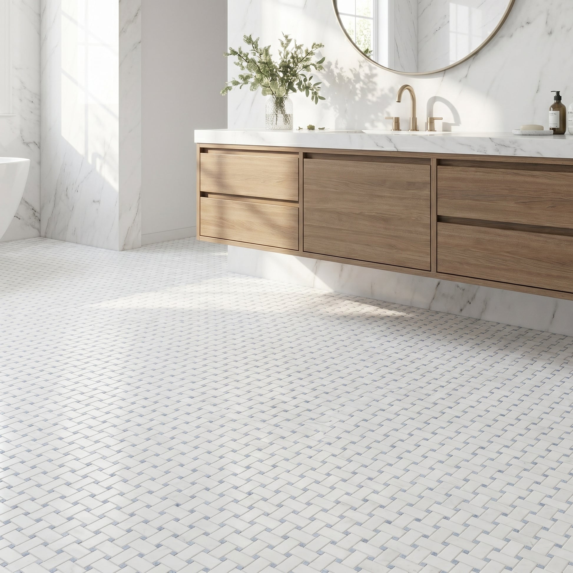 Thassos basket weave with Blue Celeste dots marble mosaic - bathroom floor