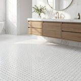 Thassos basket weave with Blue Celeste dots marble mosaic - bathroom floor