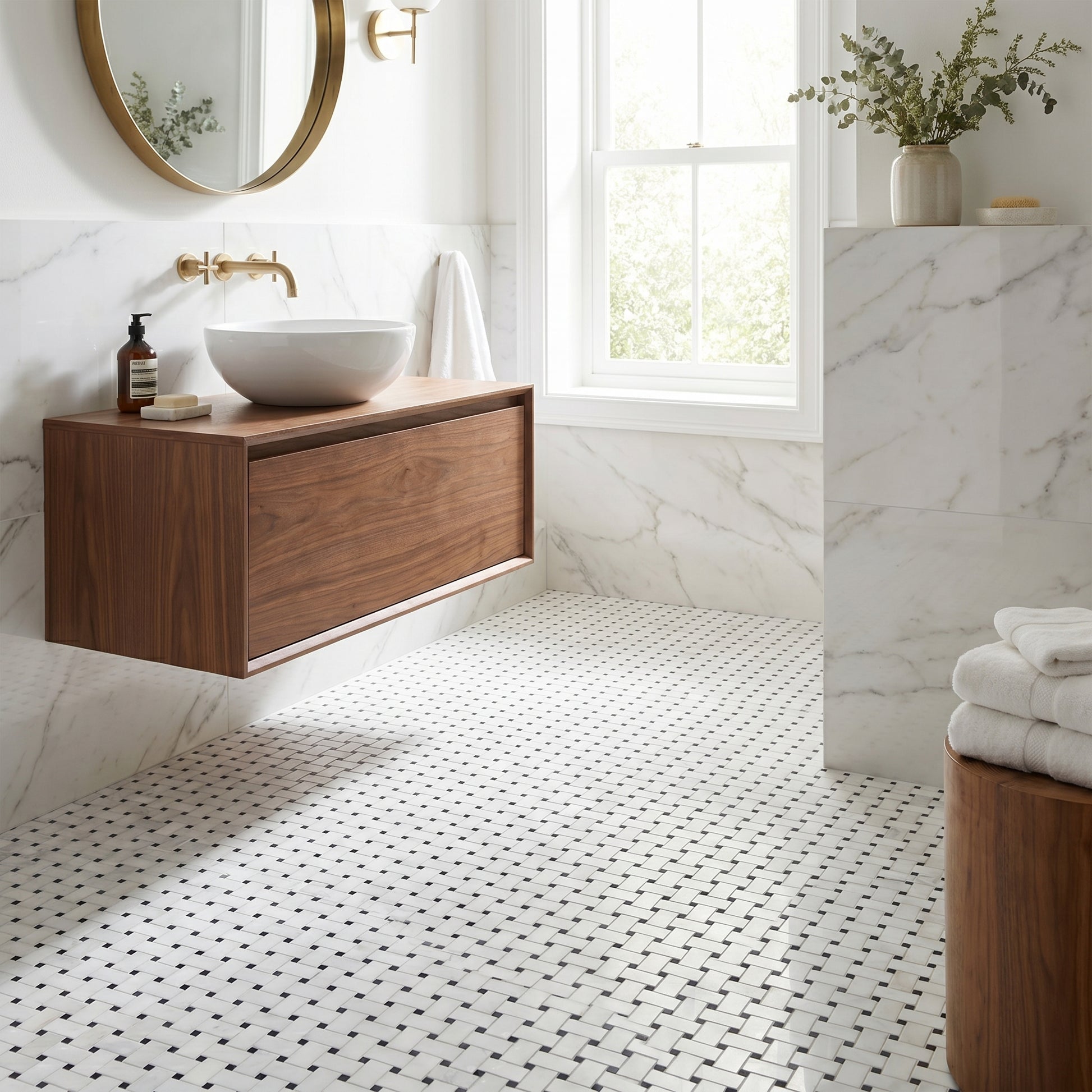 Thassos basket weave with black dots marble mosaic - bathroom floor