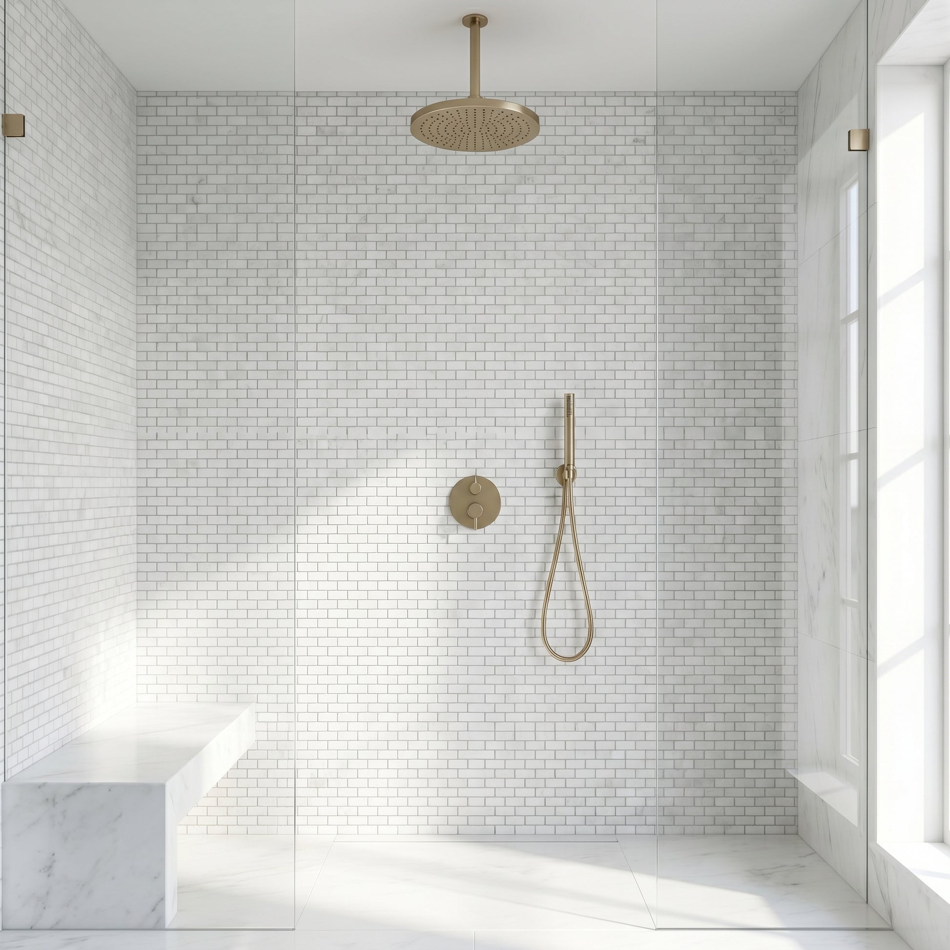 Thassos mini brick marble mosaic - walk-in shower wall