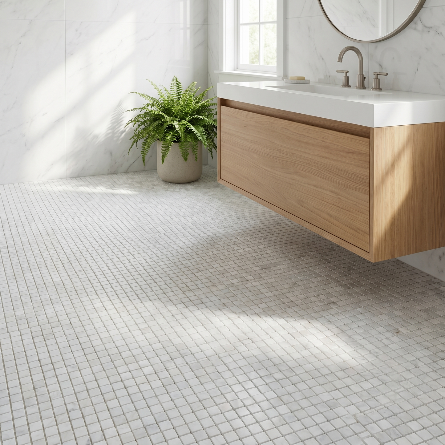 White Carrara honed 1x1 marble mosaic - bathroom floor