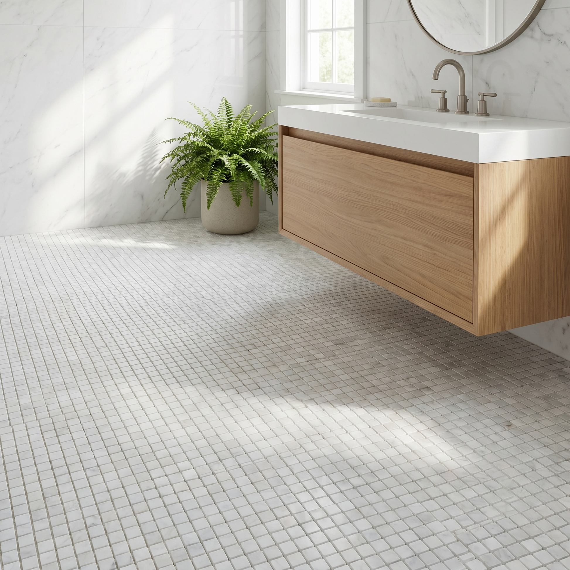 White Carrara honed 1x1 marble mosaic - bathroom floor