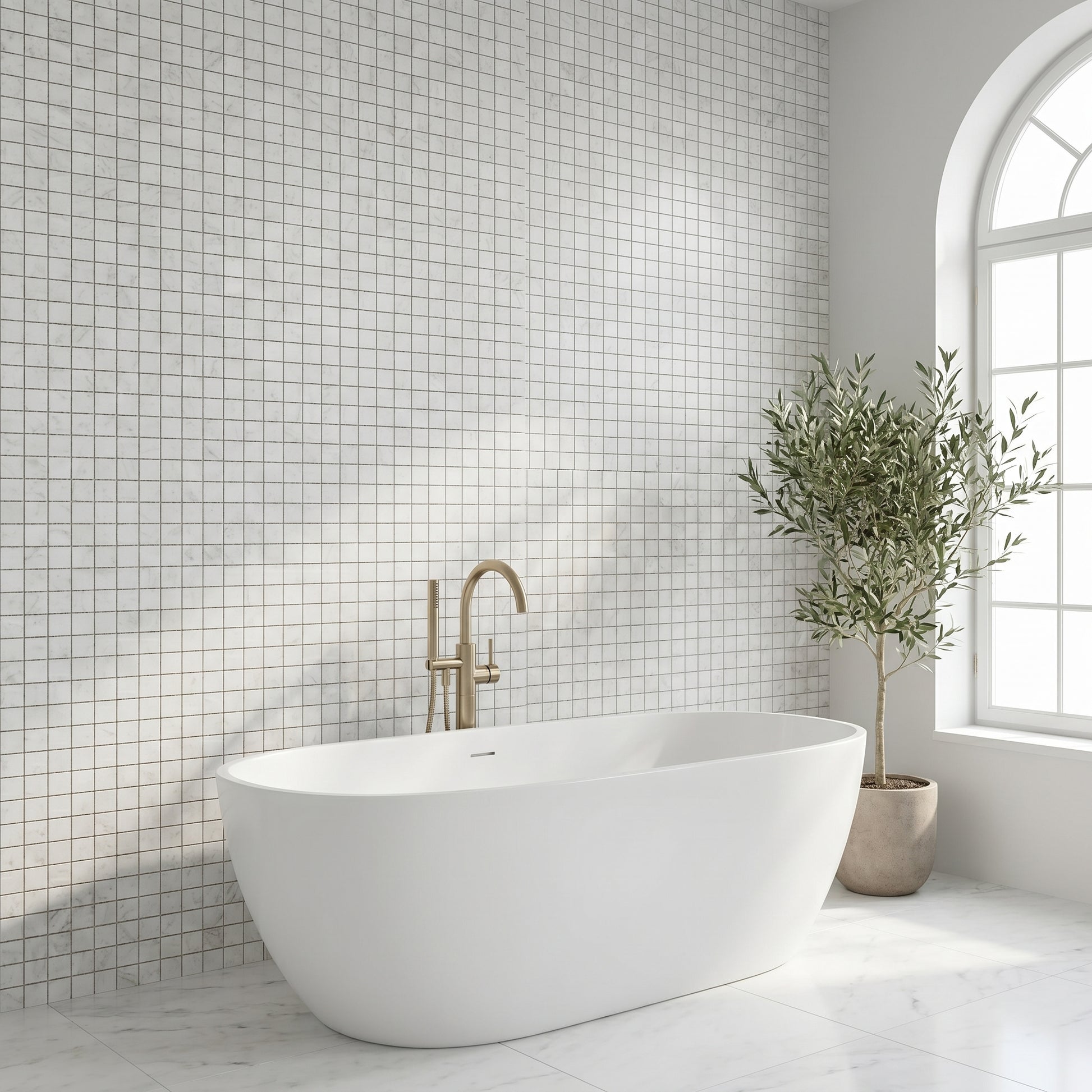 White Carrara honed 2x2 marble mosaic - bathroom feature wall